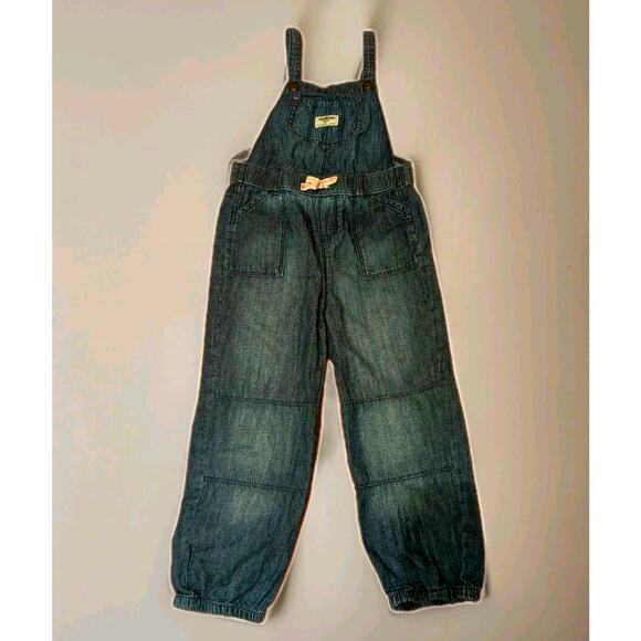Vintage 1990's Oshkosh B'gosh Denim Bib Overalls Girls 5T Pink Waist Bow Pockets - Picture 1 of 8